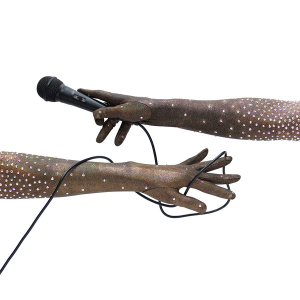 opera length black gold foil spandex gloves accented with holographic dots holding a microphone