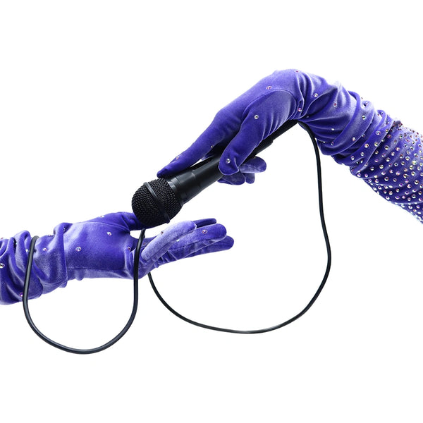 opera length purple velour spandex gloves accented with holographic dots holding a microphone