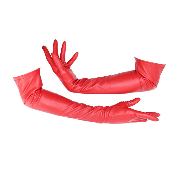 opera length red faux leather gloves with cradled arms