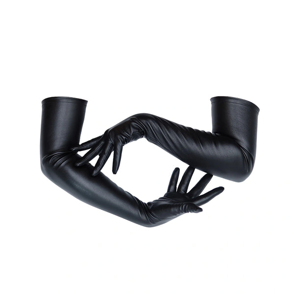 opera length black faux leather gloves with posed arms