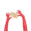 opera length red faux leather gloves holding wooden Made in NYC sign