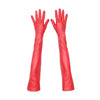 top view of opera length red faux leather gloves