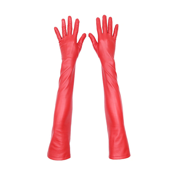 top view of opera length red faux leather gloves