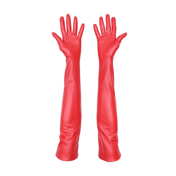 opera length red faux leather gloves with open palms