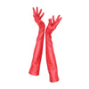 full view of opera length red faux leather gloves