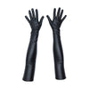 top view of opera length black faux leather gloves