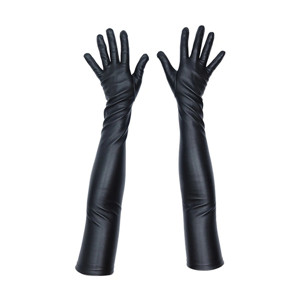 top view of opera length black faux leather gloves