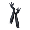 full view of opera length black faux leather gloves