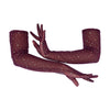 opera length maroon mesh gloves with multicolor glittery dots with arms crossing