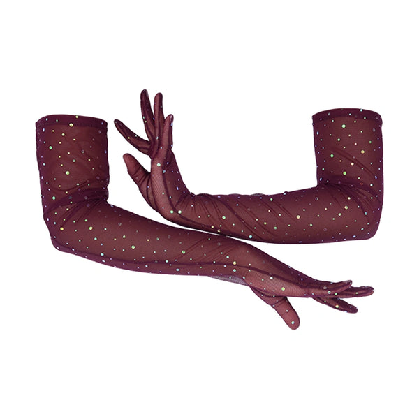 opera length maroon mesh gloves with multicolor glittery dots with arms crossing