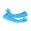 opera length blue mesh gloves with silver glittery dots bunched sleeves and cradled arms