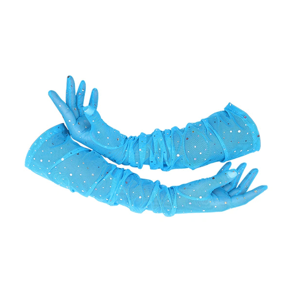 opera length blue mesh gloves with silver glittery dots bunched sleeves and cradled arms