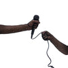 opera length black mesh gloves with gold glittery dots holding a microphone