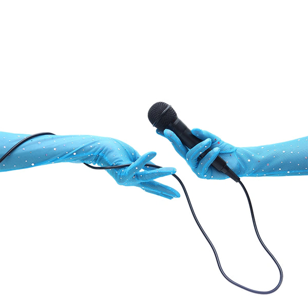 opera length blue mesh gloves with silver glittery dots holding a microphone