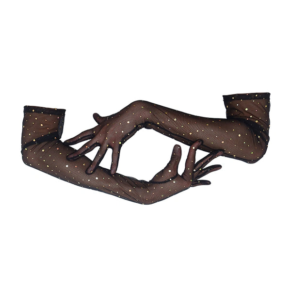 opera length black mesh gloves with gold glittery dots and posed arms