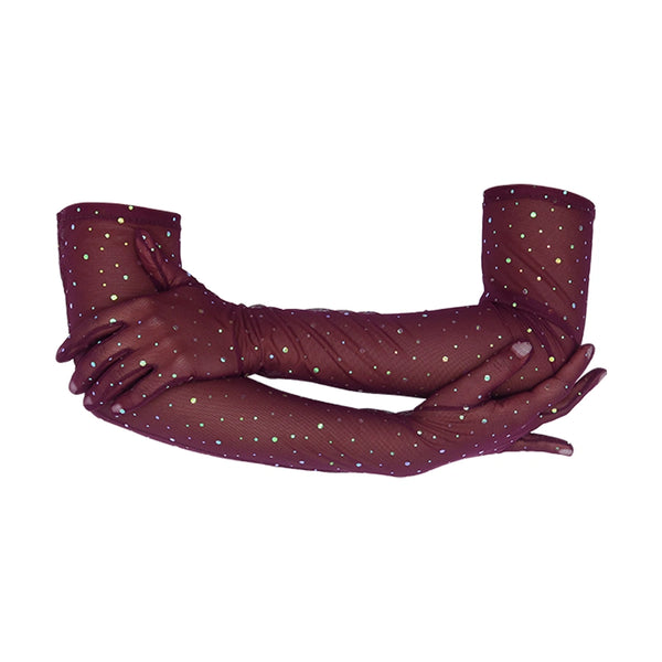 opera length maroon mesh gloves with multicolor glittery dots with arms crossed