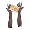 opera length black mesh gloves with gold glittery dots holding wooden Made in NYC sign