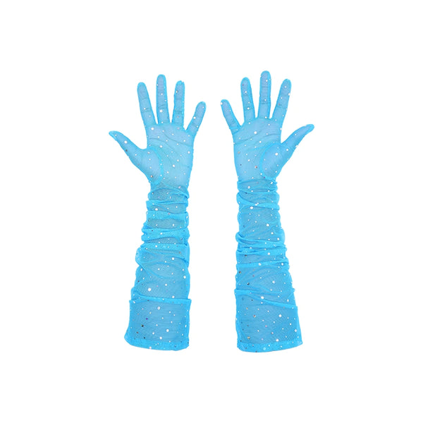 opera length blue mesh gloves with silver glittery dots and bunched sleeves