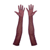 opera length maroon mesh gloves with multicolor glittery dots and open palms