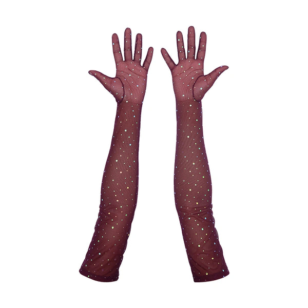 opera length maroon mesh gloves with multicolor glittery dots and open palms