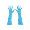 top view of opera length blue mesh gloves with silver glittery dots and bunched sleeves