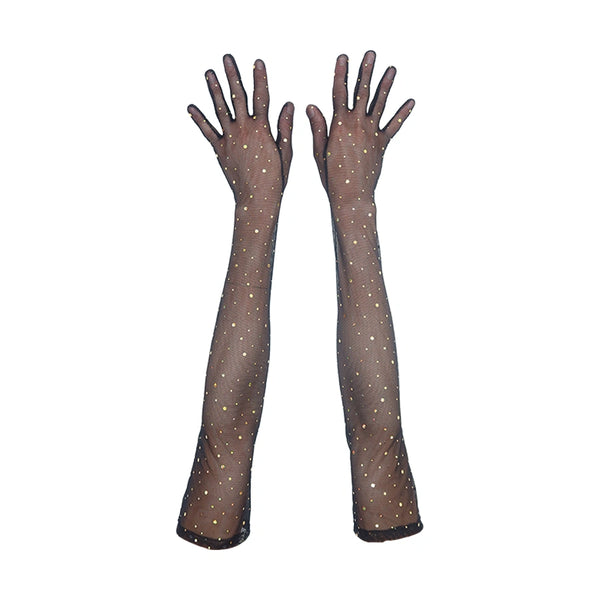 top view of opera length black mesh gloves with gold glittery dots