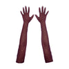 top view of opera length maroon mesh gloves with multicolor glittery dots