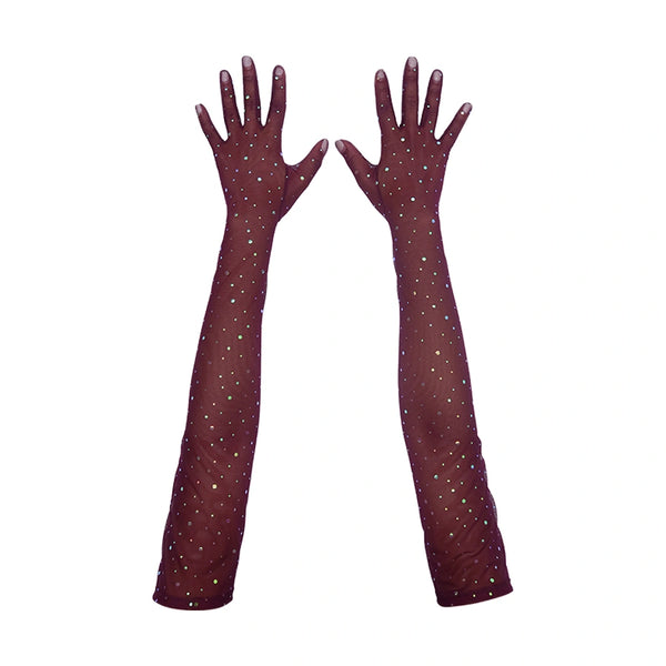top view of opera length maroon mesh gloves with multicolor glittery dots