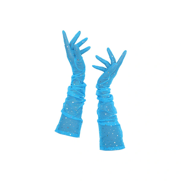 full view of opera length blue mesh gloves with silver glittery dots and sleeves bunched