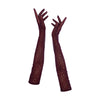 full view of opera length maroon mesh gloves with multicolor glittery dots