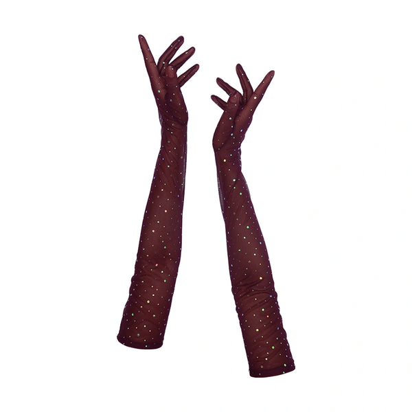 full view of opera length maroon mesh gloves with multicolor glittery dots