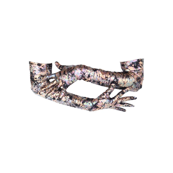 opera length colorful oil spill print spandex gloves with posed arms