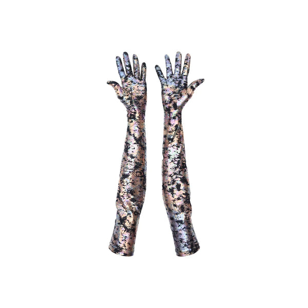 opera length colorful oil spill print spandex gloves with open palms