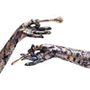 opera length colorful oil spill print spandex gloves holding makeup brushes