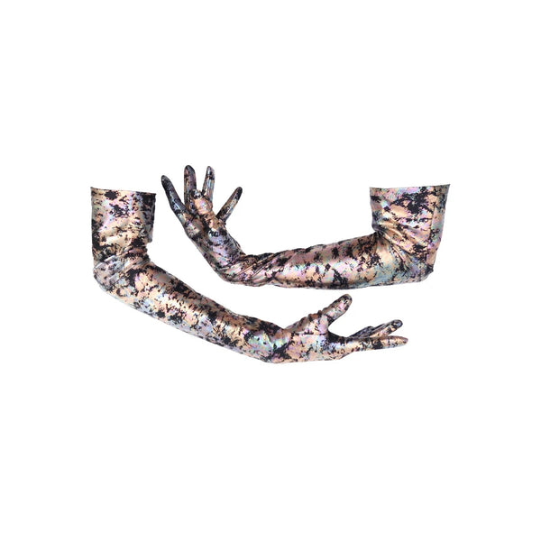 opera length colorful oil spill print spandex gloves with scooped arms