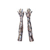 top view of opera length colorful oil spill print spandex gloves