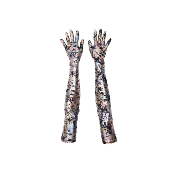 top view of opera length colorful oil spill print spandex gloves