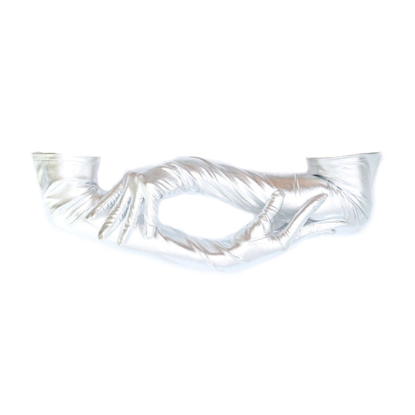 opera length metallic silver vinyl gloves with posed arms