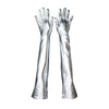 top view of opera length metallic black vinyl gloves