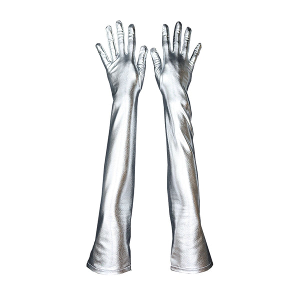 top view of opera length metallic black vinyl gloves
