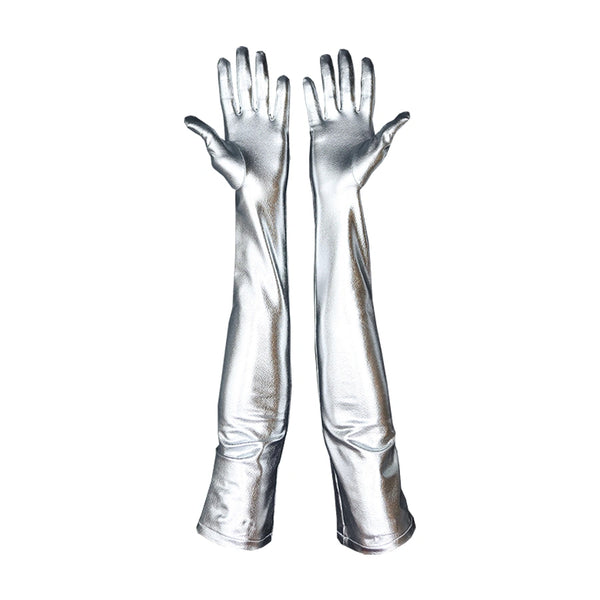 opera length metallic silver vinyl gloves open palms
