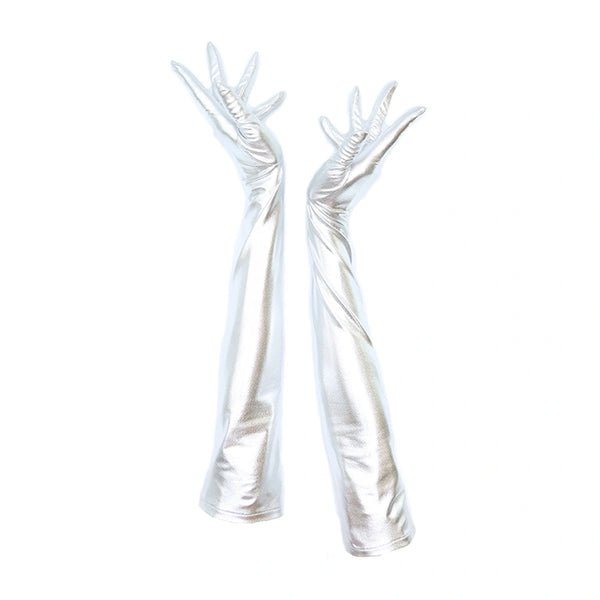 full view of opera length metallic silver vinyl gloves