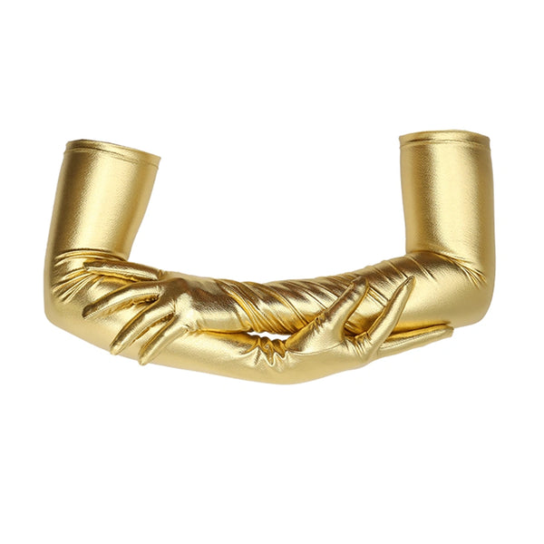 opera length metallic gold vinyl gloves with arms folded