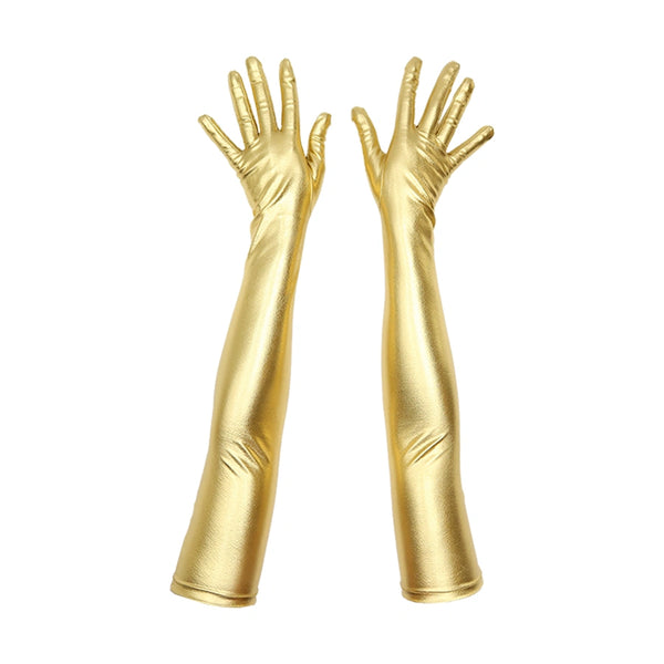 top view of opera length metallic gold vinyl gloves