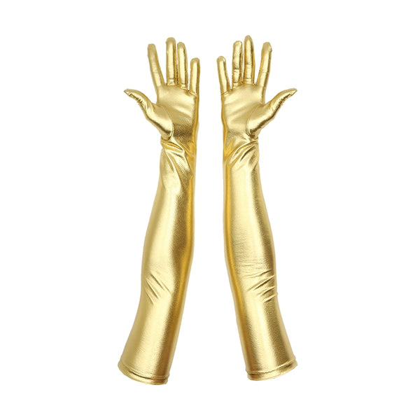 opera length metallic gold vinyl gloves with open palms