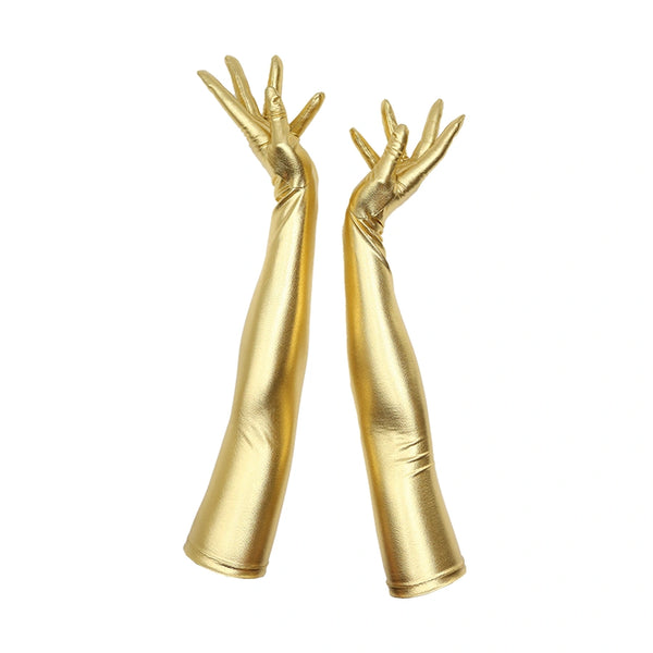 full view of opera length metallic gold vinyl gloves