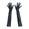 top view of opera length metallic black vinyl gloves