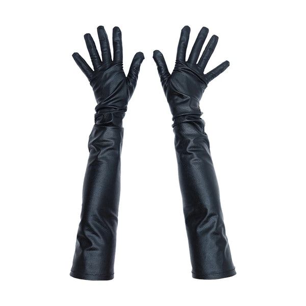 top view of opera length metallic black vinyl gloves