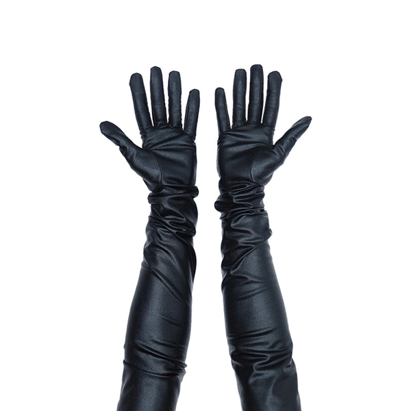 opera length metallic black vinyl gloves with open palms