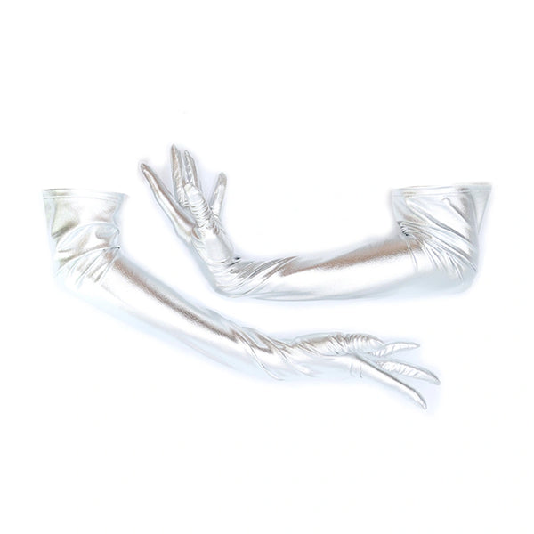 opera length metallic silver vinyl gloves with scooped arms